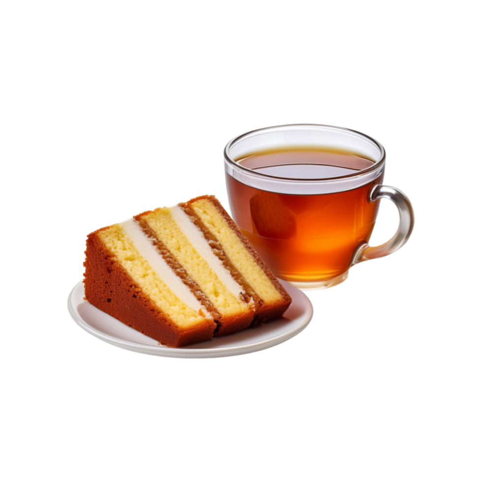 Cup of tea with cake slice on transparent background png