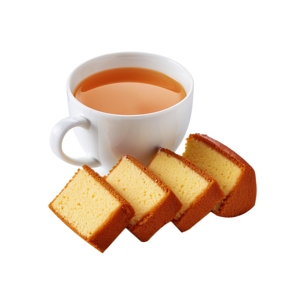 Cup of tea with fresh cake slices on transparent background png