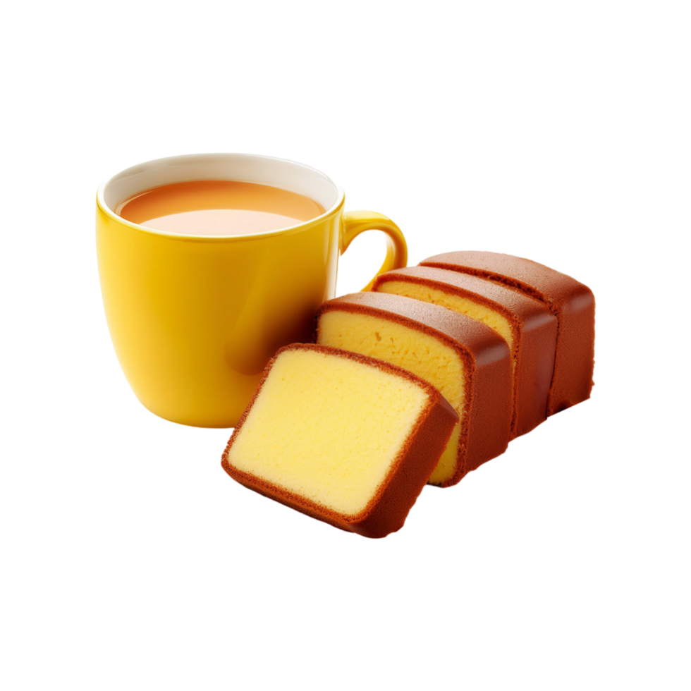 Yellow cup of milk tea with cake slices on transparent background png