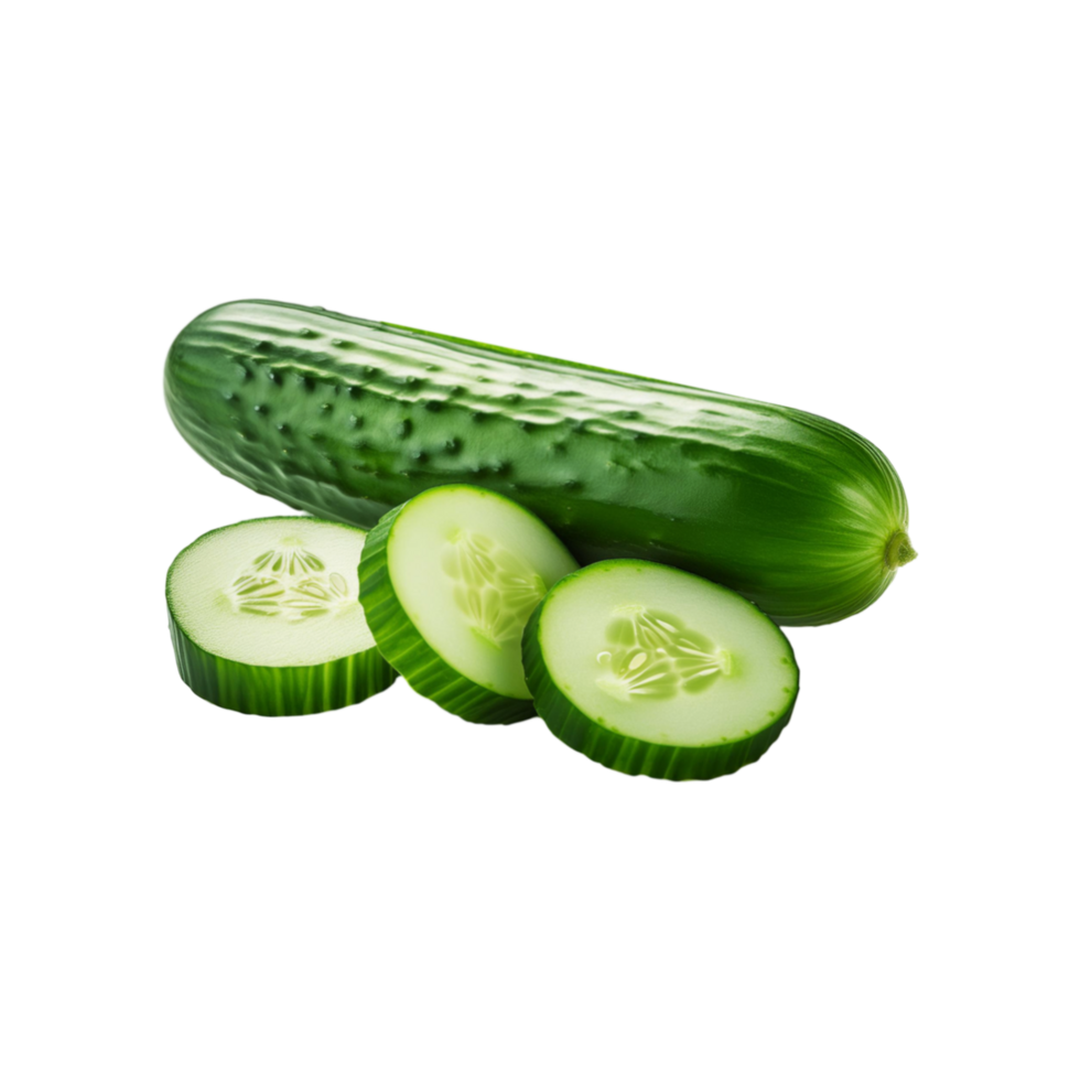 Fresh green cucumber with slices on transparent background png
