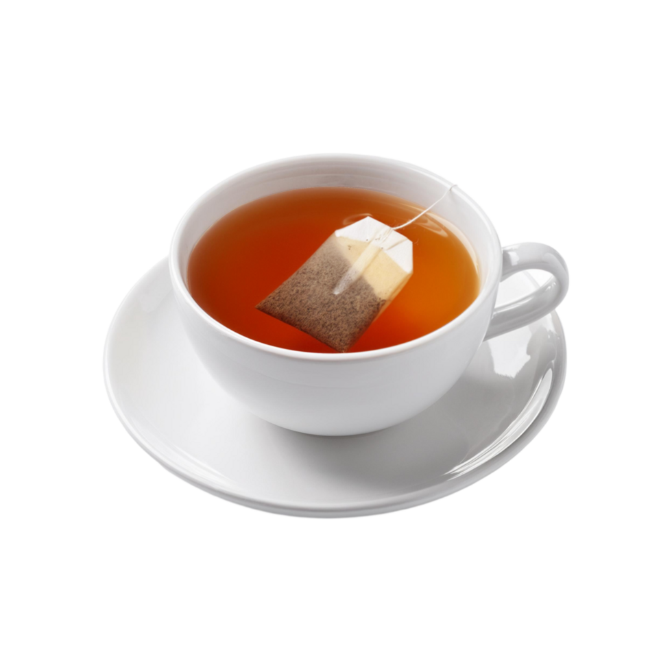 White ceramic cup and plate of tea on transparent background png
