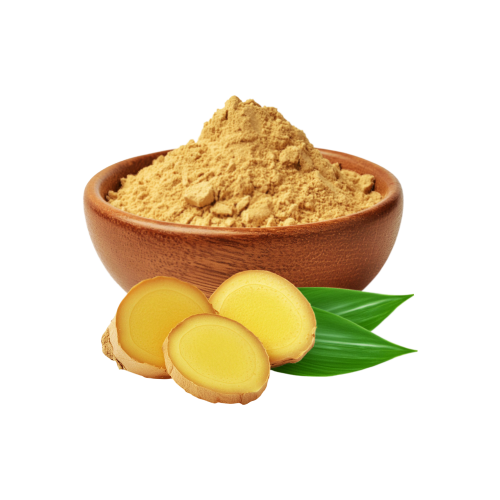 Ginger powder bowl with slice on transparent background png