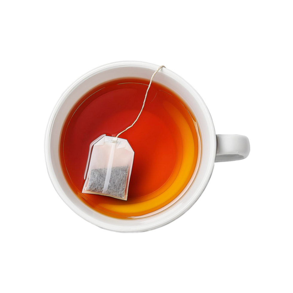 Top view of white cup of tea on transparent background png