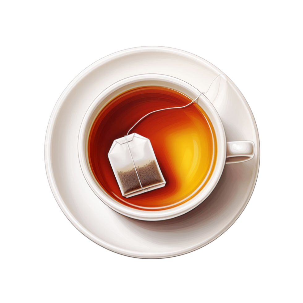 Top view of cup and plate of tea on transparent background png