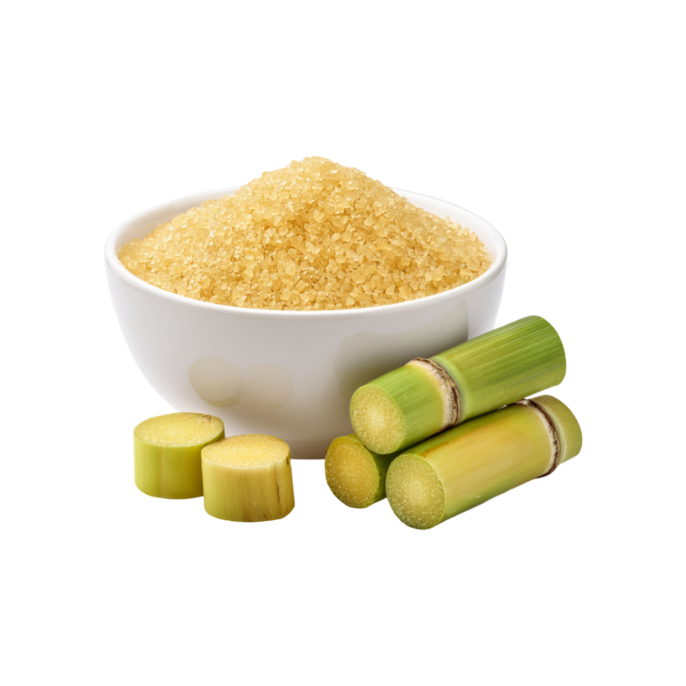 Bowl of sugar with sugarcane on transparent background png