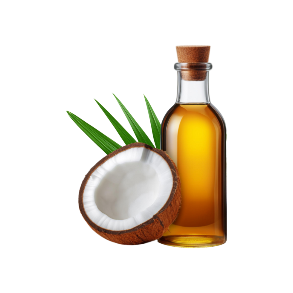 Coconut oil bottle with slice on transparent background png
