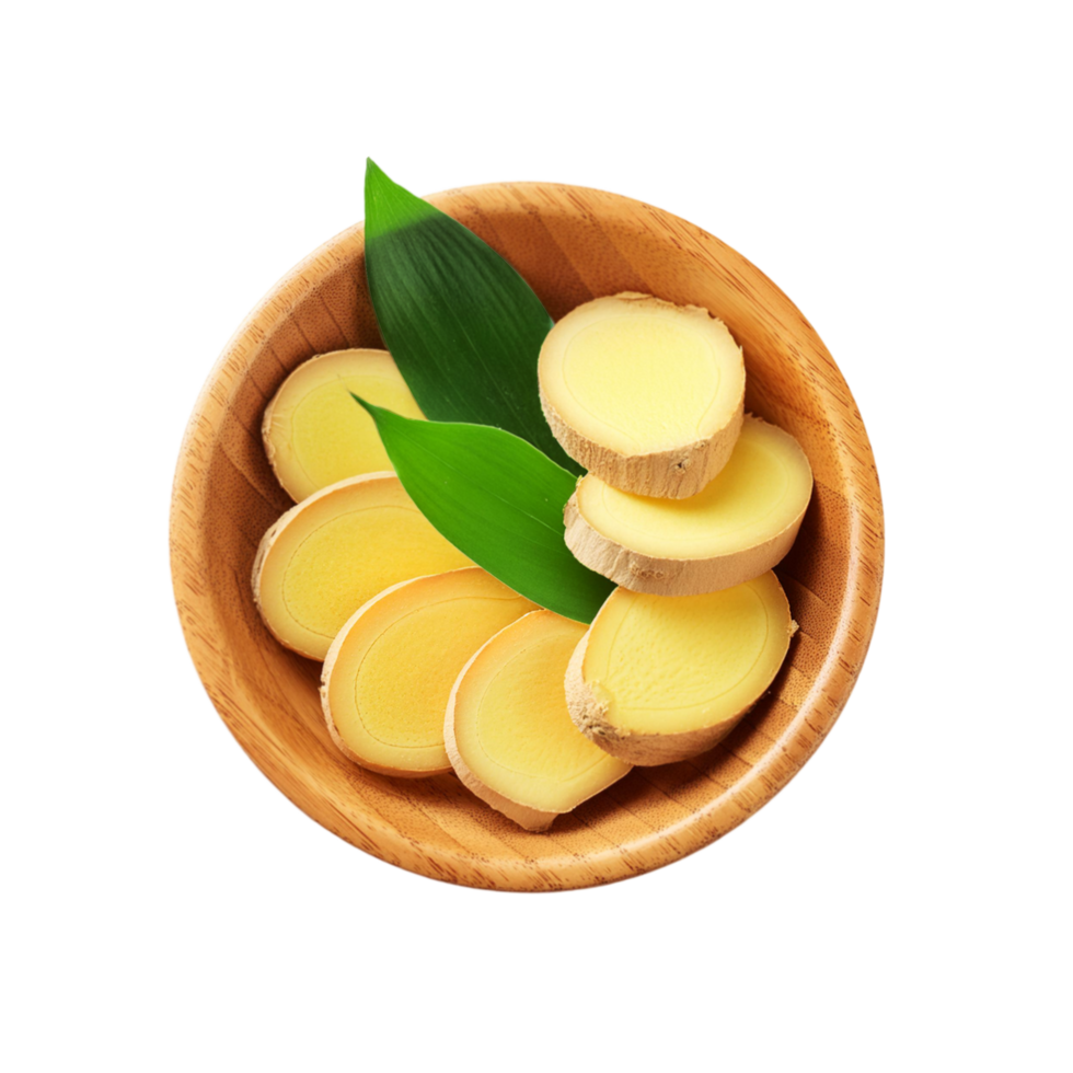 Top view of ginger slices bowl on transparent background png