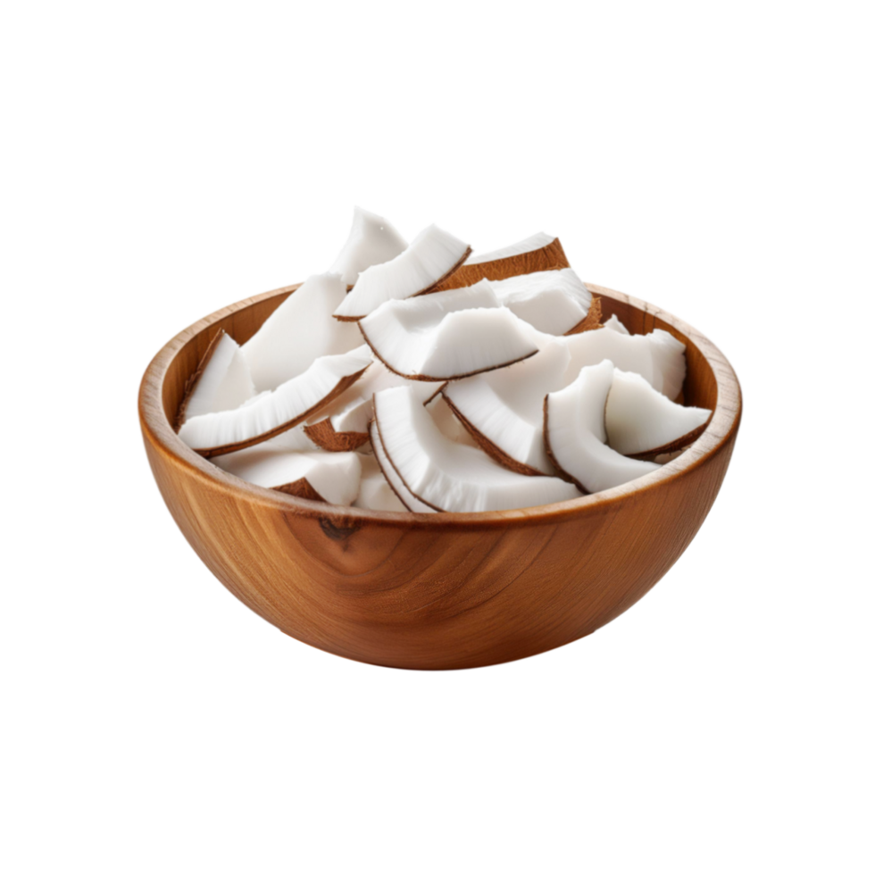 Wooden bowl of coconut slices on transparent background png