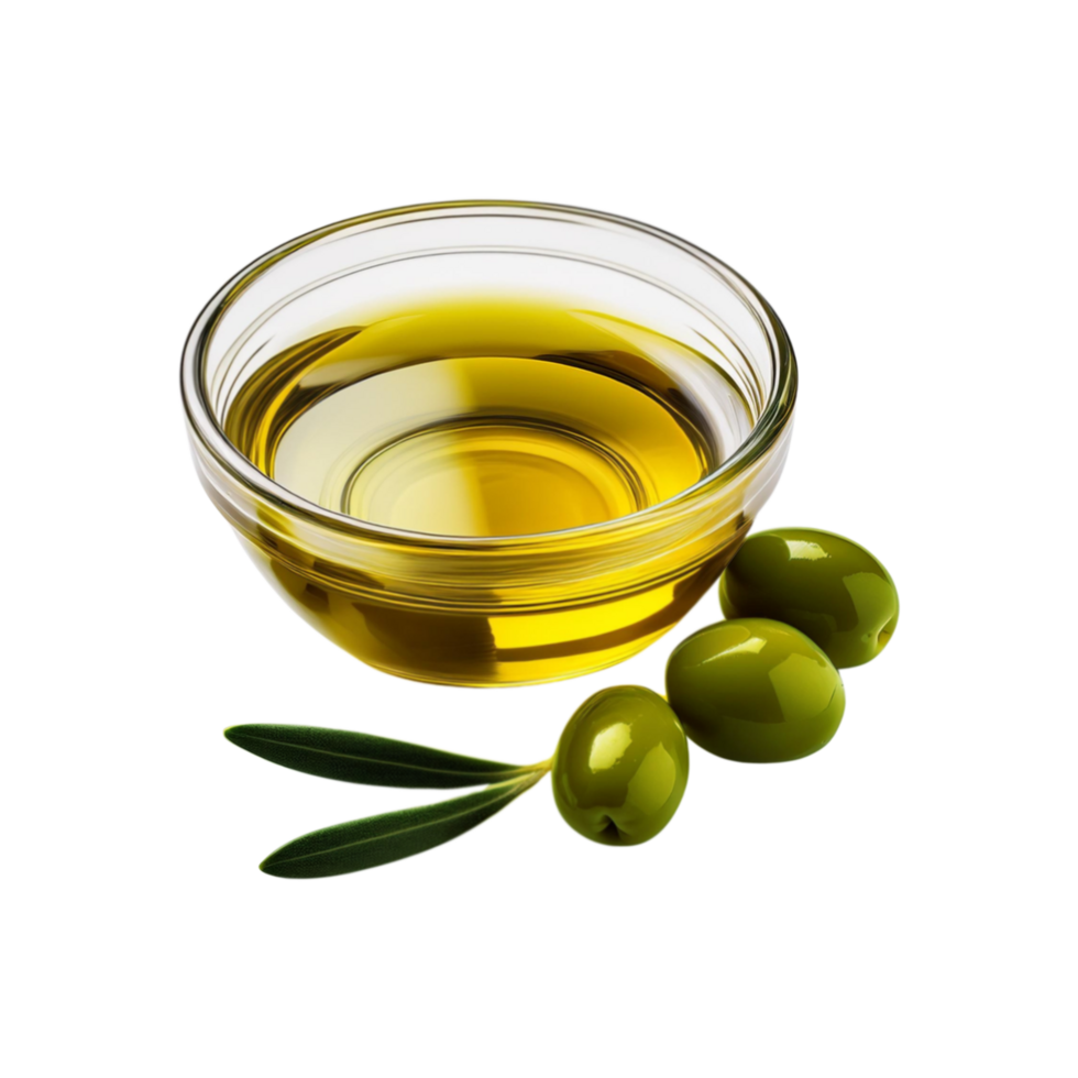 Bowl of olive oil with fresh olive fruit with leaf on transparent background png