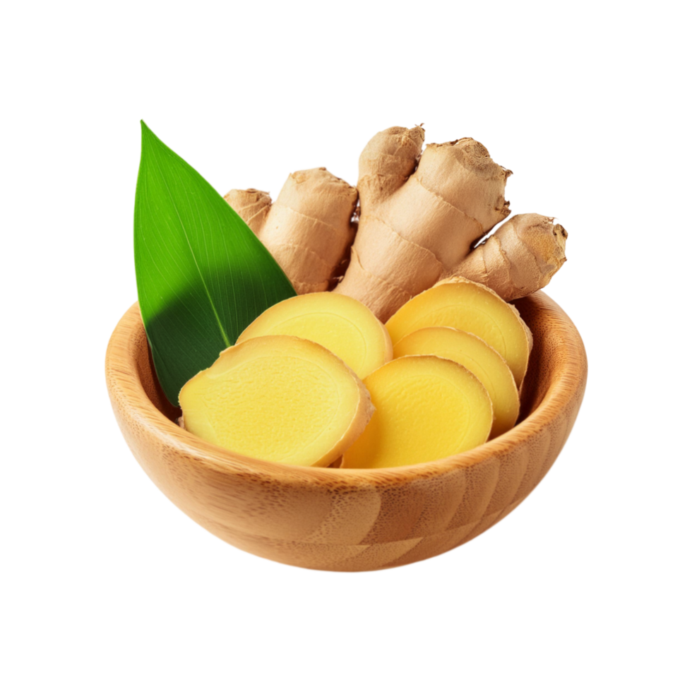 Ginger slices wooden bowl on transparent background png