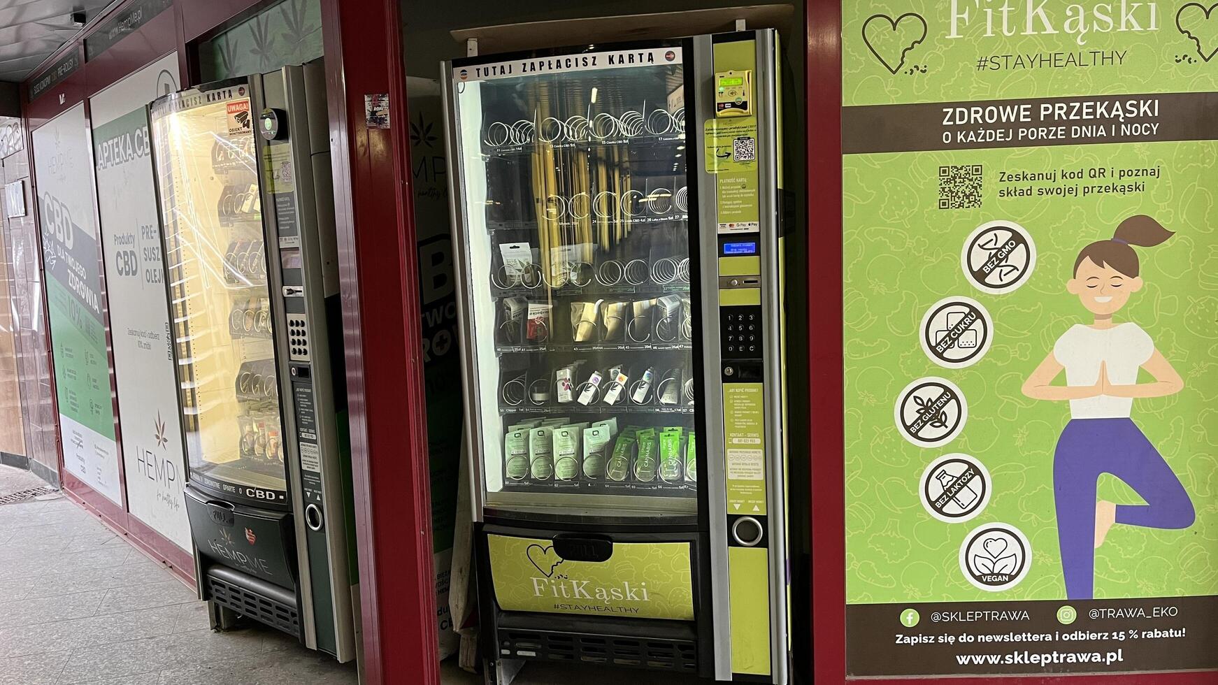 Warsaw, Poland. November 01, 2024. Two vending machines in a city setting. The machines are displaying various products. photo