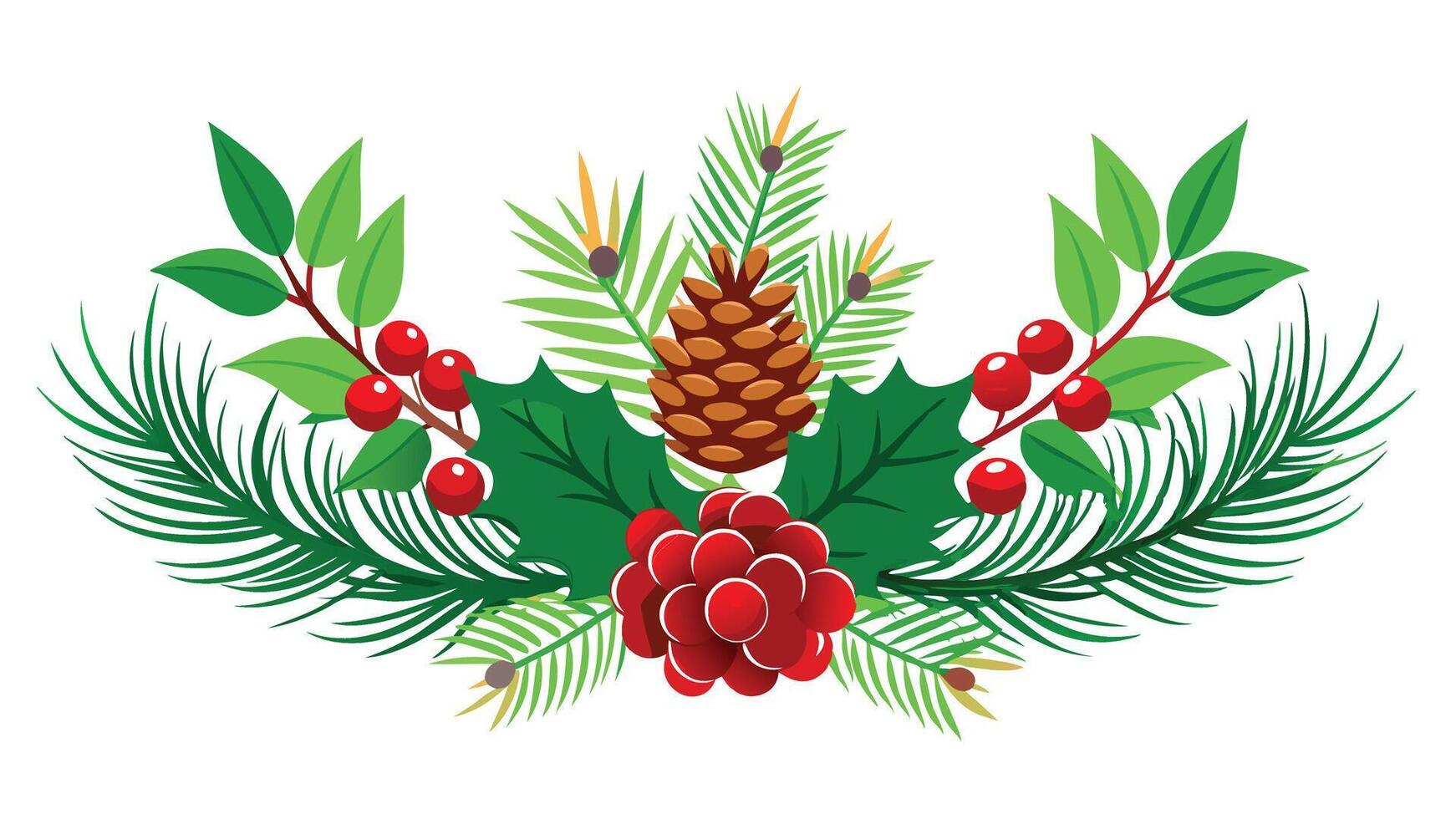 Snowberries with green twigs of Christmas tree, red decorations and cones in a holiday waved garland isolated on white vector