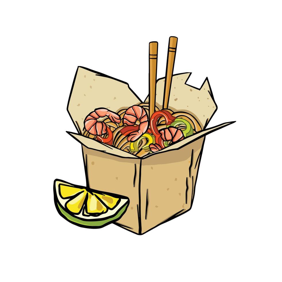korean food, noodles with shrimp and greens vector