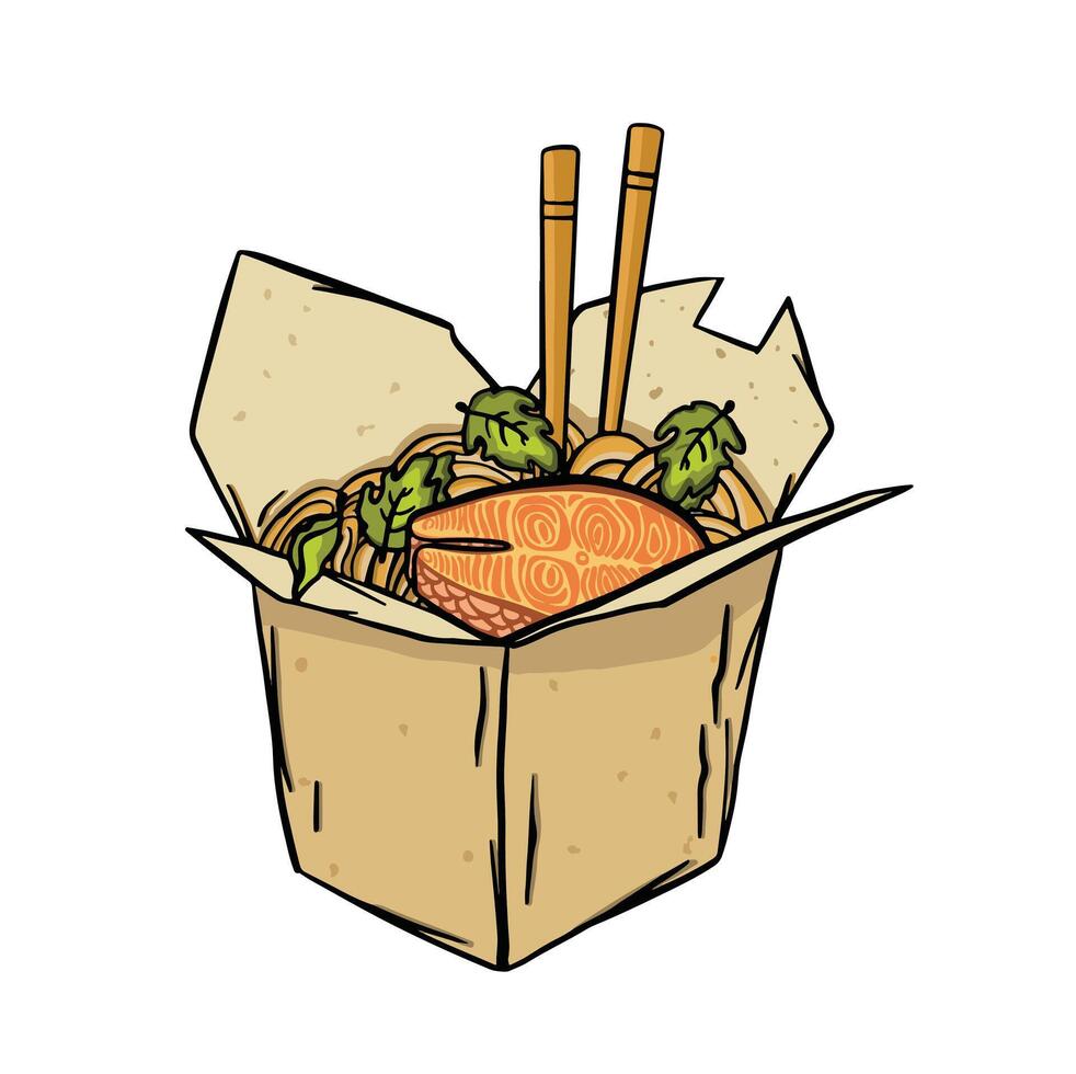 korean food, noodles with fish and greens vector