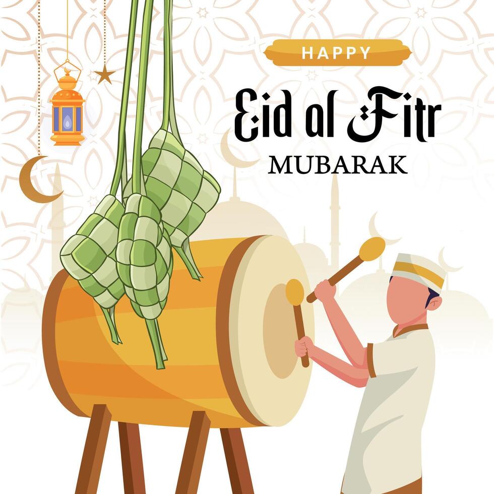 Eid al-Fitr Poster Design with Ketupat, drum and Lantern, Eid al-Fitr religious holiday celebrated by Muslims, Islamic holiday greeting card vector