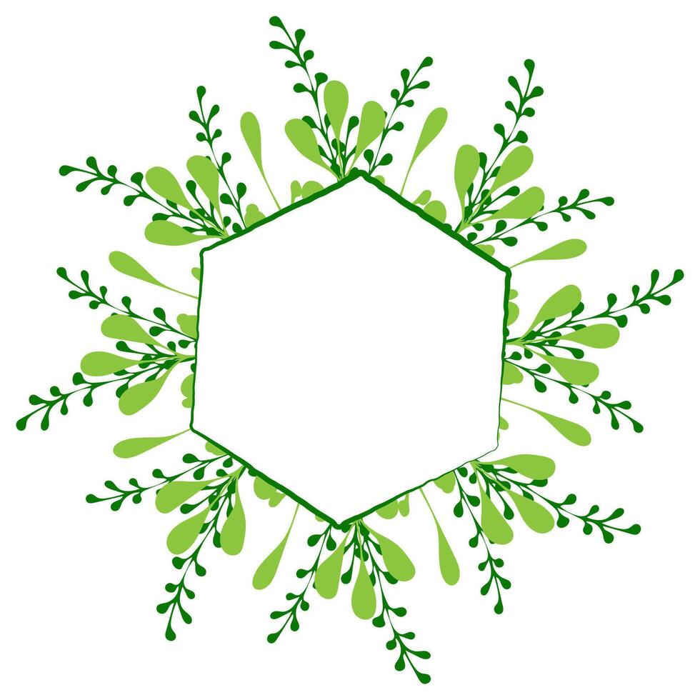 Elegant green hexagon surrounded by delicate leaf patterns for eco-friendly designs vector