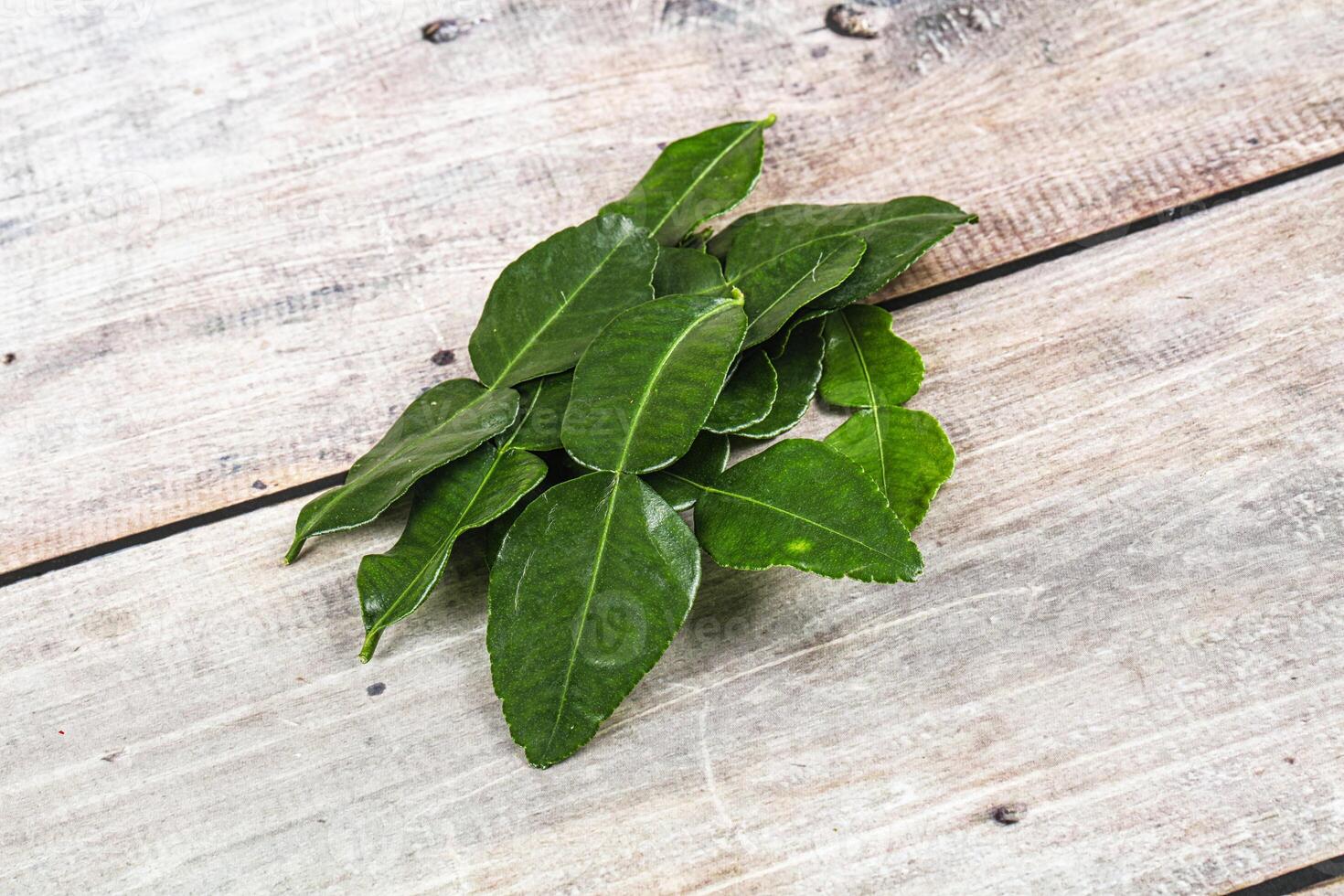 A leaf of green tea on a wooden surface photo