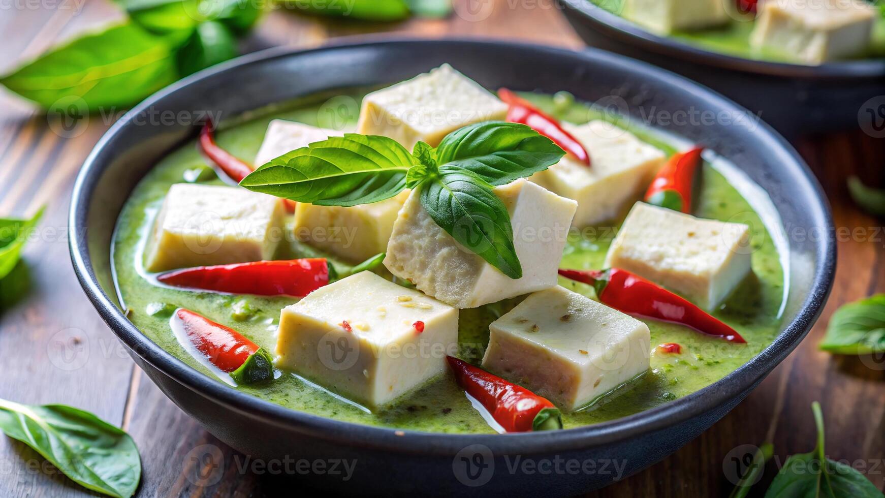 Close-up of tofu cubes in a vibrant Thai green curry, garnished with fresh basil leaves and red chili peppers for a spicy touch. photo