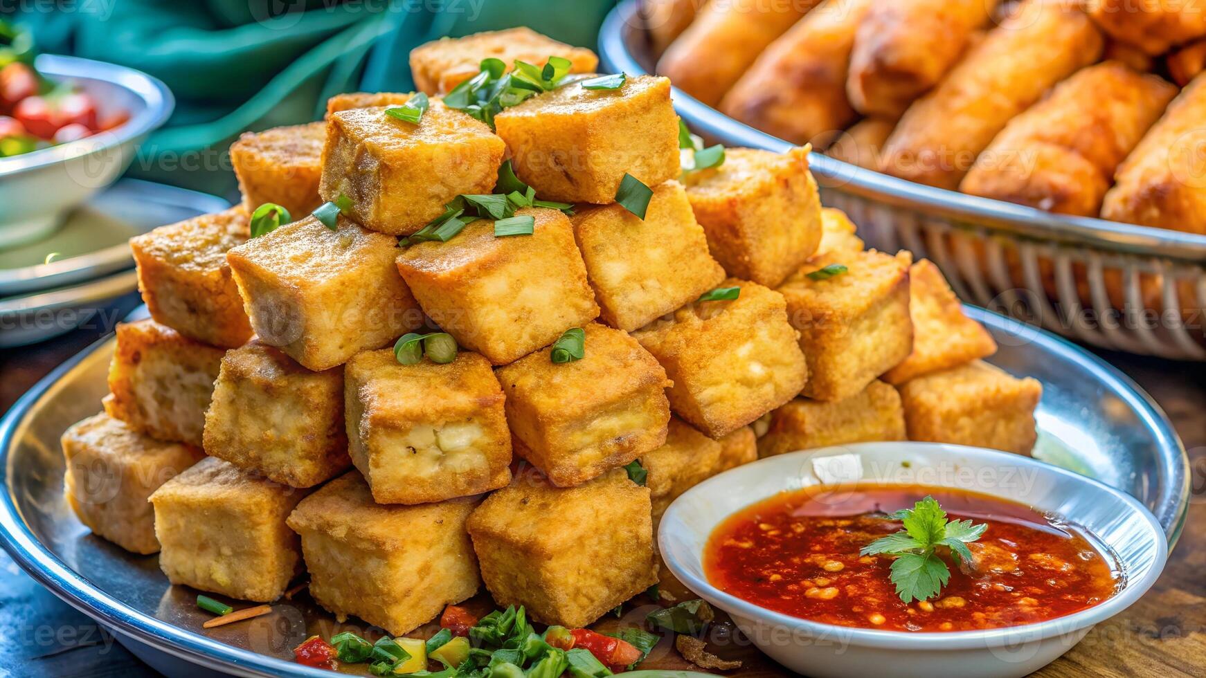 A stack of crispy fried tofu cubes garnished with green onions, served with a spicy dipping sauce on a metal platter for a savory snack. photo
