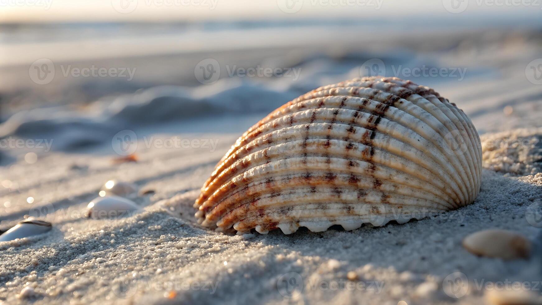 Close-up of a seashell resting on sandy beach at sunset, capturing coastal beauty and tranquility with soft sunlight and ocean background. photo