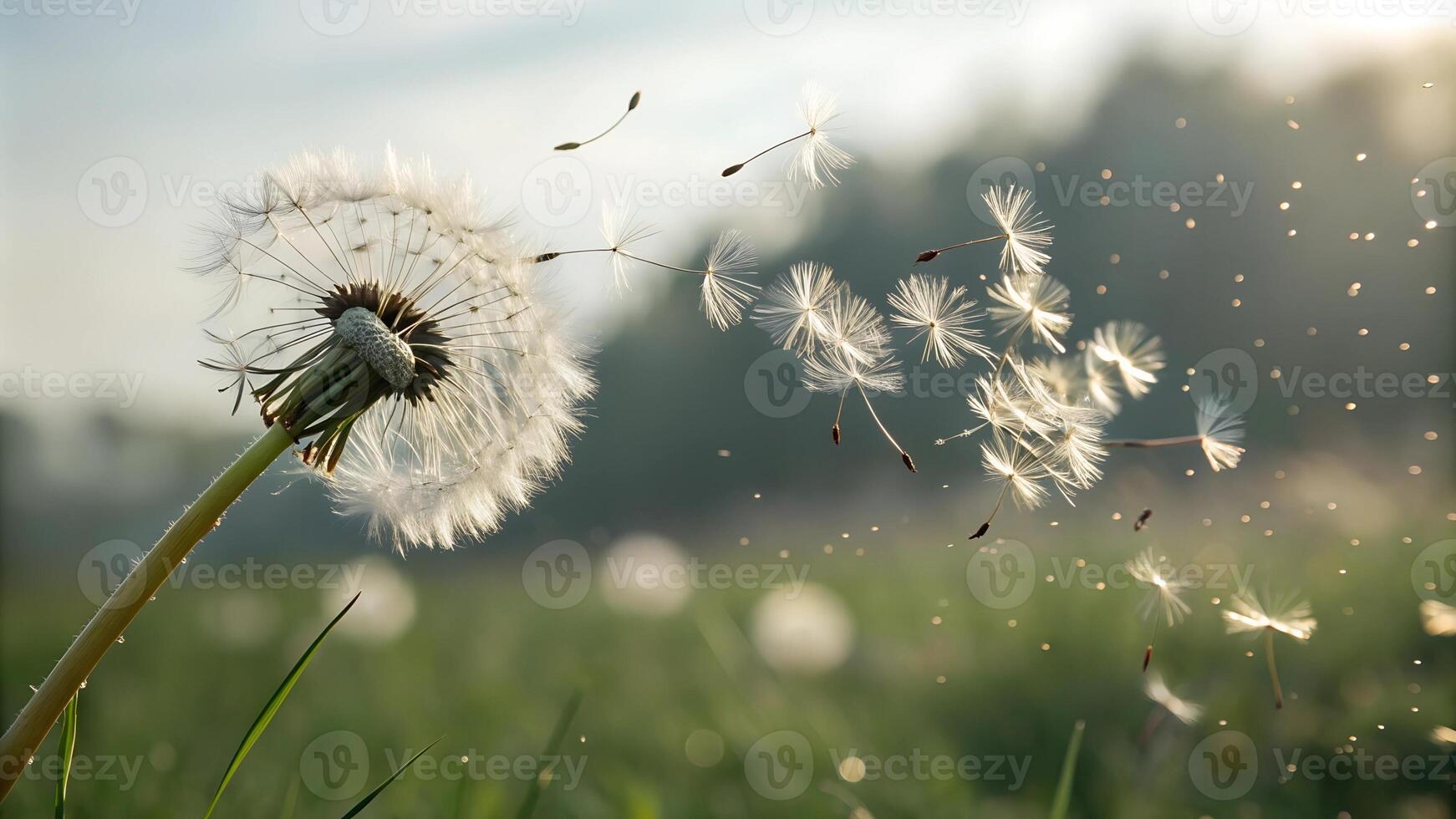 Close-up of dandelion seeds dispersing in the breeze, capturing the beauty of nature, growth, and the cycle of life in soft sunlight. photo