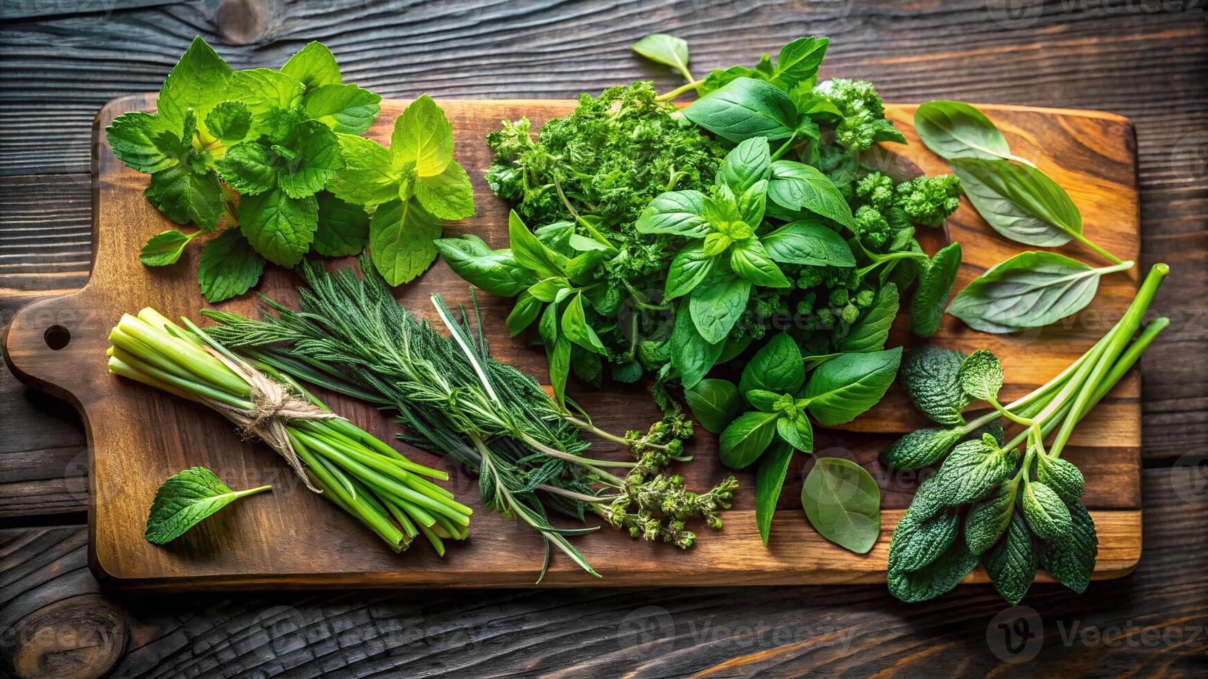 A vibrant assortment of fresh culinary herbs, including basil, mint, rosemary, and parsley, displayed on a wooden cutting board, ready for cooking. photo