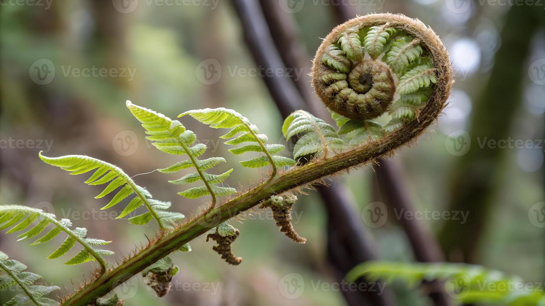 Detailed shot of a fern frond unfurling in a lush forest, symbolizing growth, nature, and the beauty of natural patterns. photo