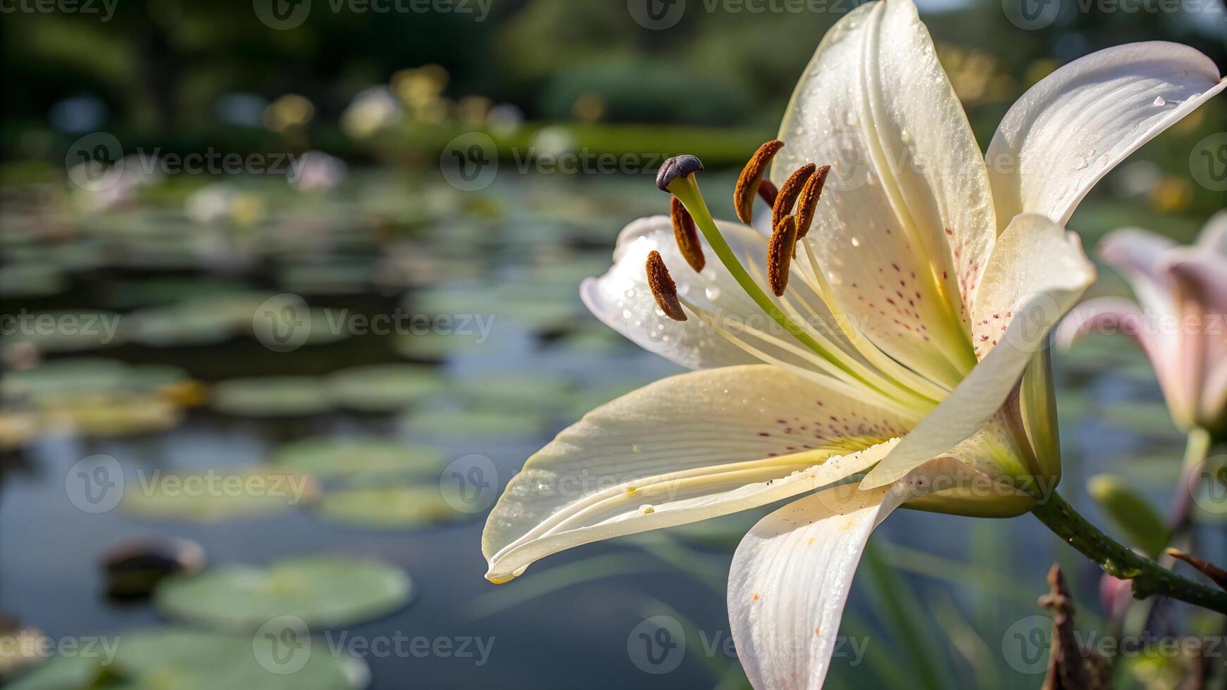 Close-up of a white lily in bloom near a pond with water lilies, capturing tranquility and natural beauty on a sunny day. photo