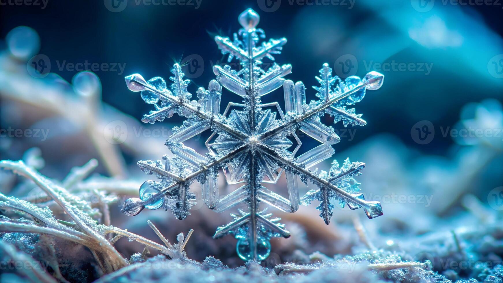 Macro shot of a detailed, symmetrical snowflake resting on a frosty surface, capturing the beauty and complexity of winter's natural patterns. photo