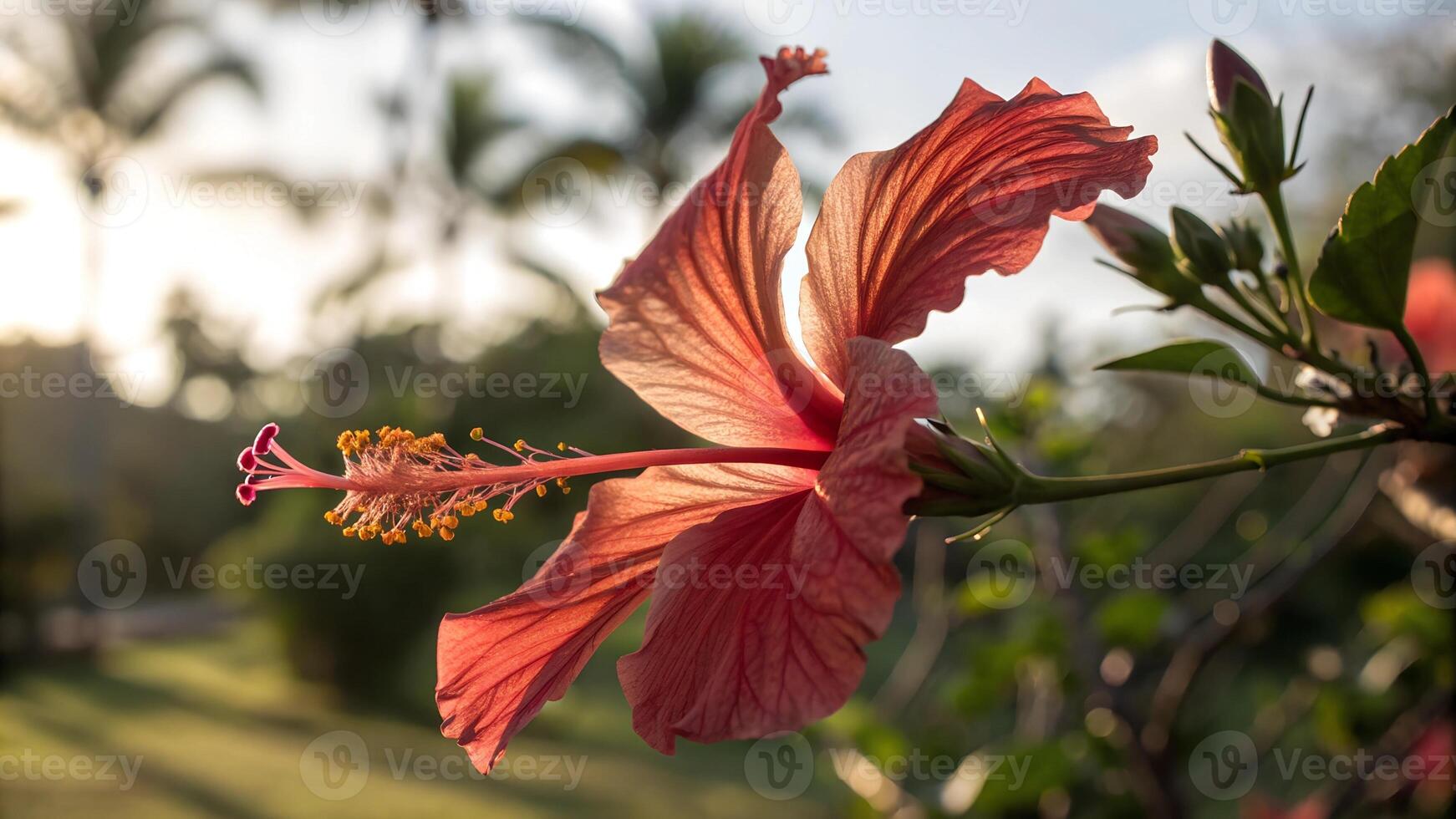 Detailed shot of a red hibiscus flower illuminated by soft sunlight, highlighting its petals and stamens against a lush background. photo