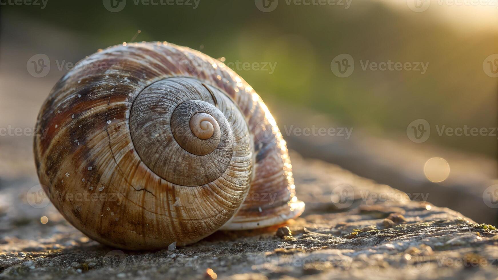 Close-up of a snail shell resting on a rock, illuminated by warm sunlight, highlighting its spiral pattern and natural textures. photo