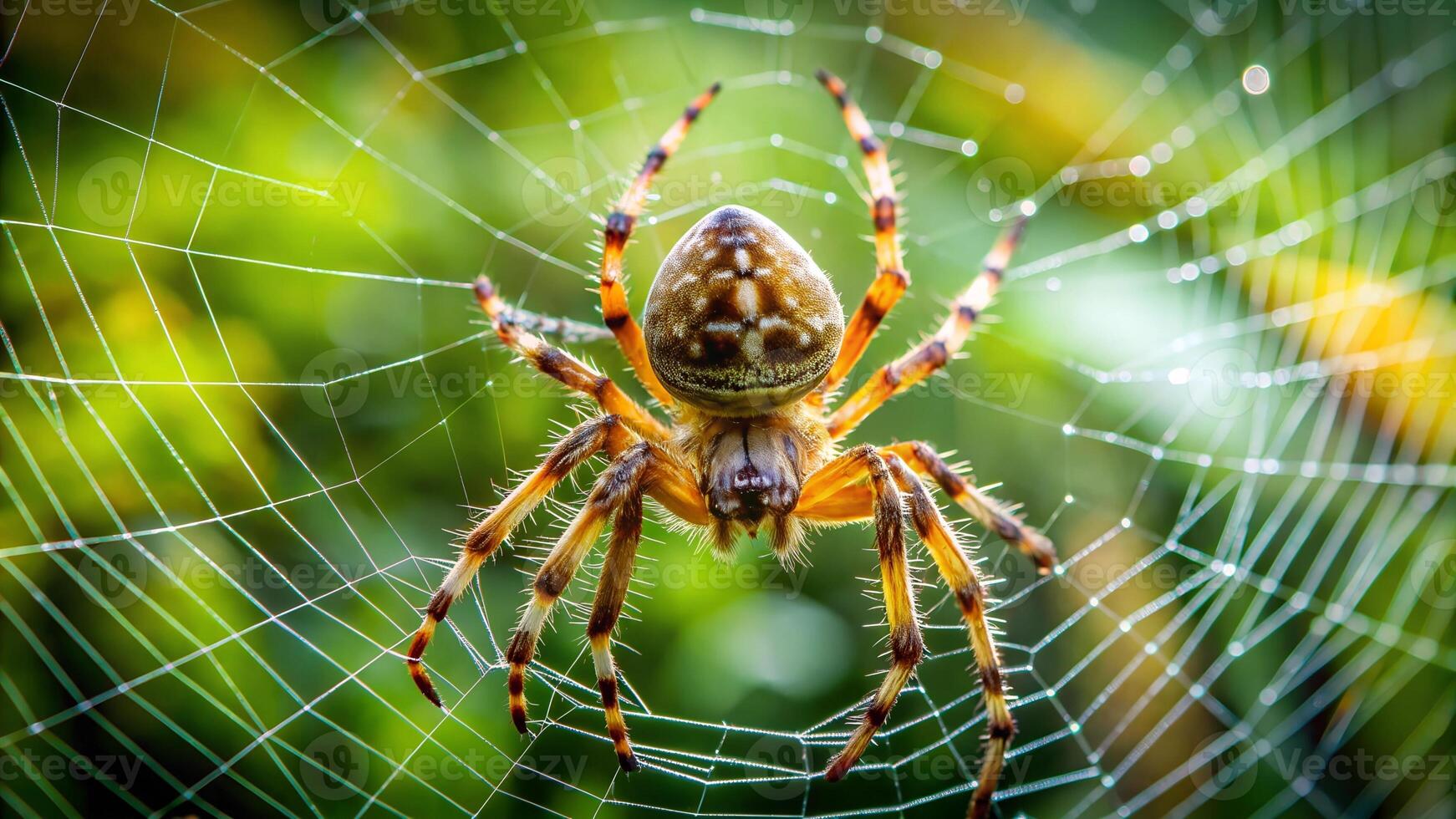 Detailed macro shot of a spider centered on its web, with a vibrant green and yellow background lit by sunlight. photo