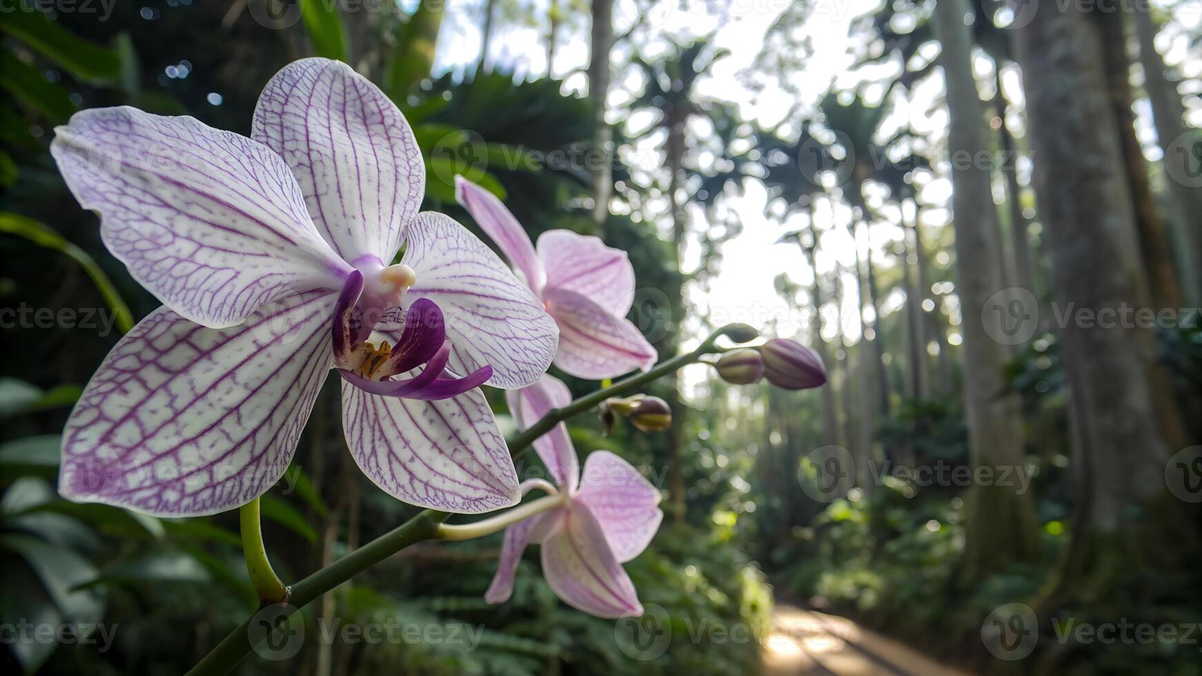 Close-up of vibrant purple and white orchids blooming in a lush tropical forest, surrounded by tall trees and soft sunlight. photo