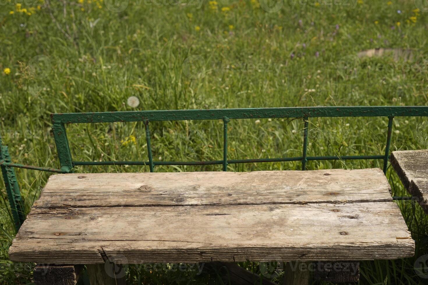 empty old brown table on green grass background. photo
