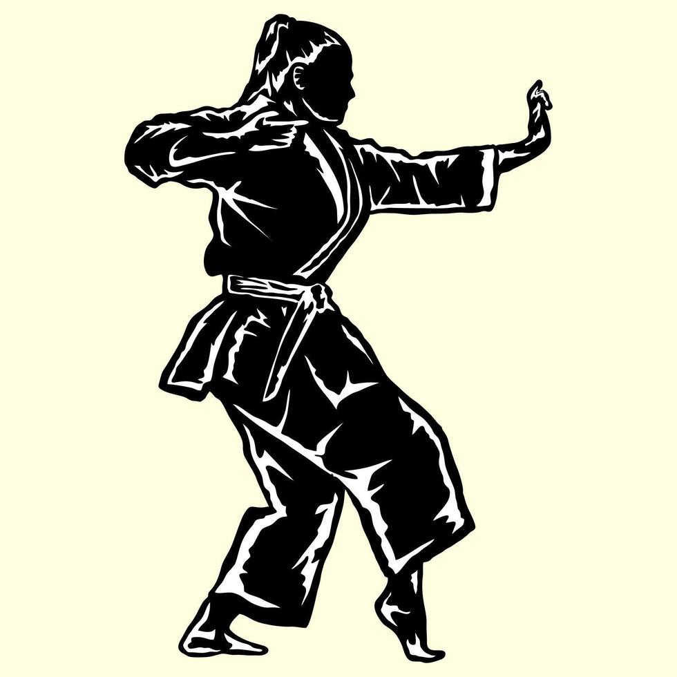 A black and white drawing of a woman in karate vector