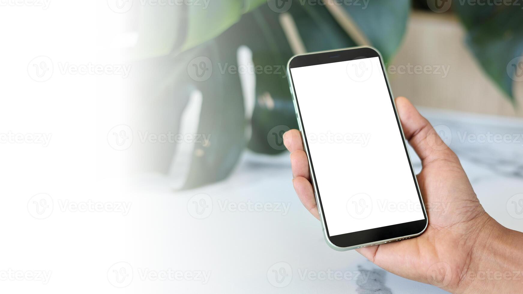 Mockup image screen smartphone, Cell phone with blank space for text, Hand woman work using smartphone, White background for advertising, Marketing, Design. photo