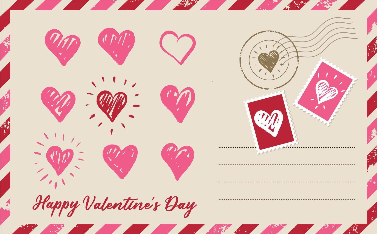 Mail with Heart, Postcard, hand drawn. Valentines day. vector