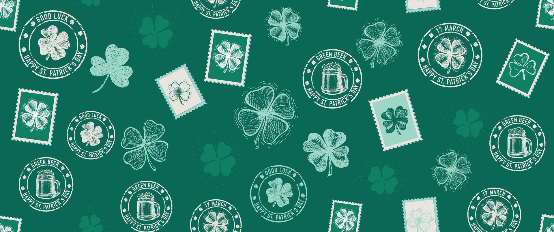 St. Patrick's Day set, clover, beer, on green. Stamps, mail, postcard, Hand drawn illustrations vector