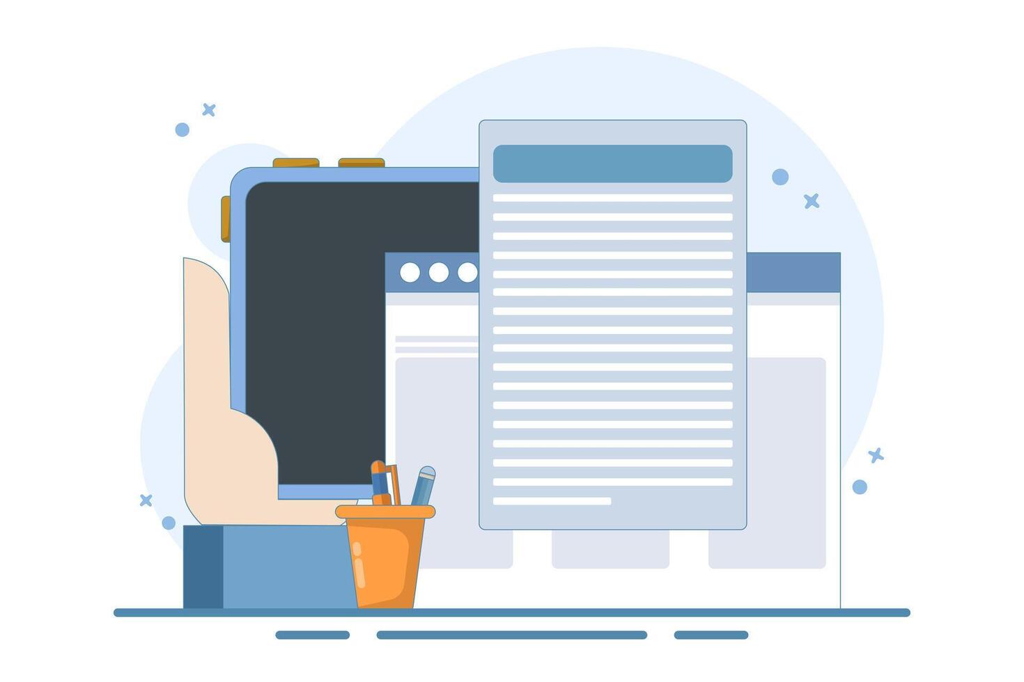 Concept Writing online text document content on desktop computer or creating essay or book on PC, writing script or editing web text file, reading blog article ideas. Flat design illustration. vector