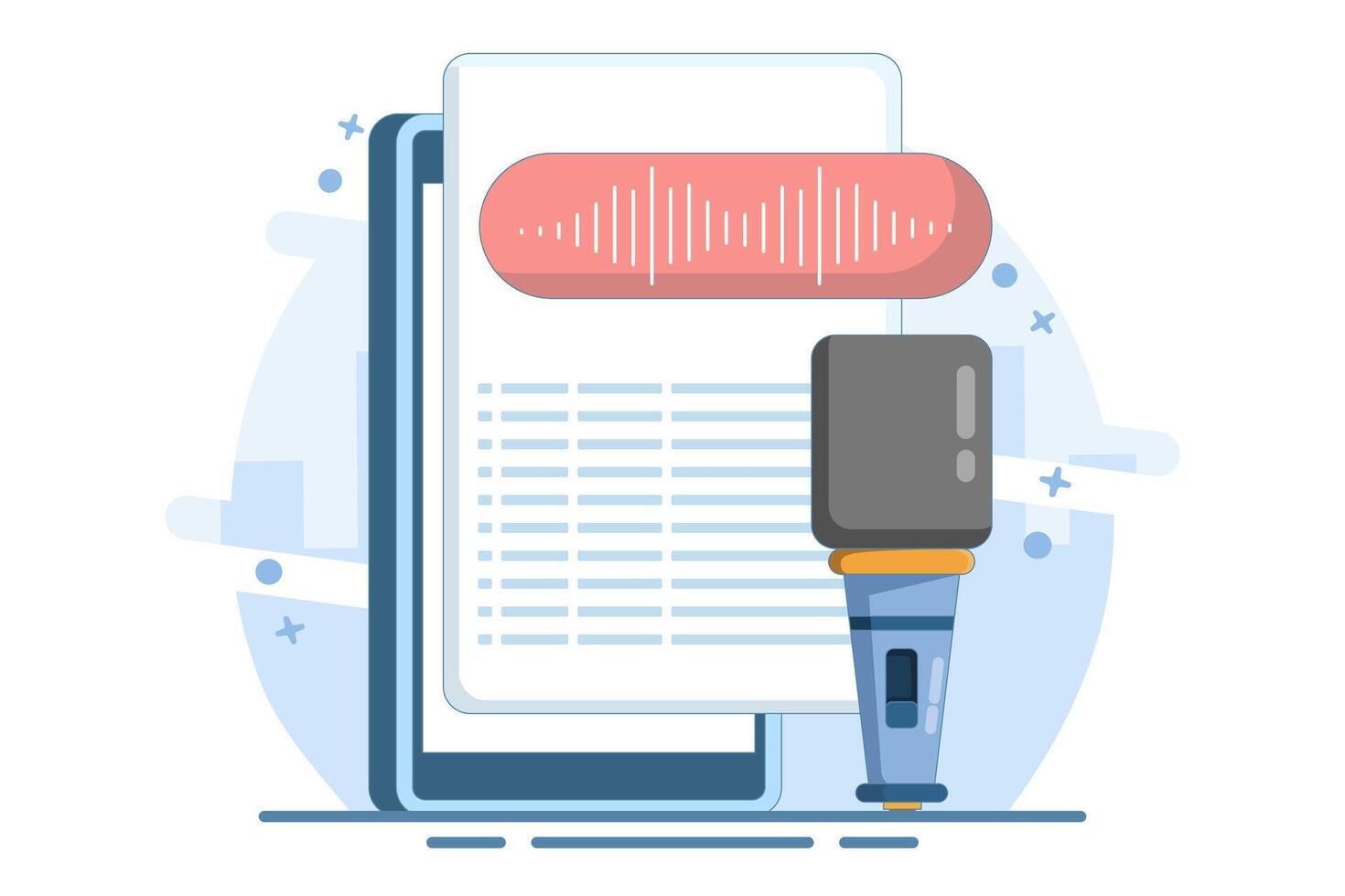 speech to text concept. Speech recognition, speech scanning, voice to text, speech recognition service. User recognizes voice and translates to text with speaker. Design illustration. vector