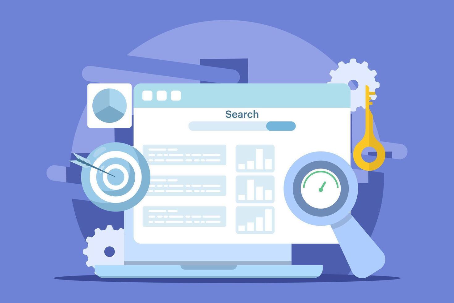 SEO Tools Concept, keyword research tool, competitor SEO analysis, SEO software that monitors website performance, flat design desaim illustration on background. vector