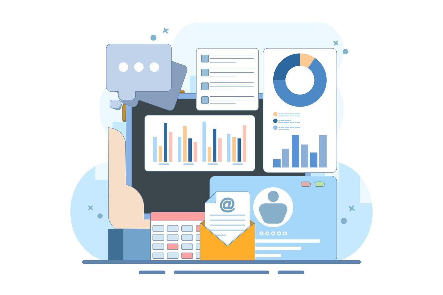 User profile and analytics concept on screen with email notifications, charts and data visuals. social media management, digital marketing and online communication. flat design illustration. vector