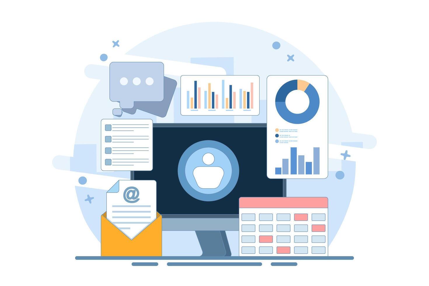 User profile and analytics concept on screen with email notifications, charts and data visuals. social media management, digital marketing and online communication. flat illustration. vector