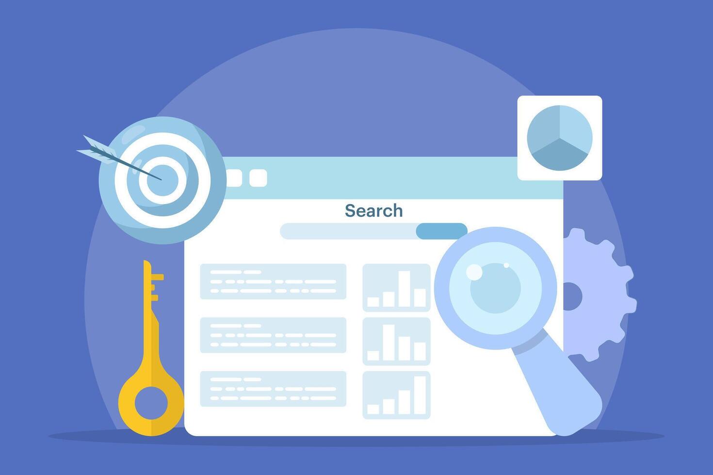 SEO Tools Concept, keyword research tool, competitor SEO analysis, SEO software that monitors website performance, flat design illustration with icons. vector