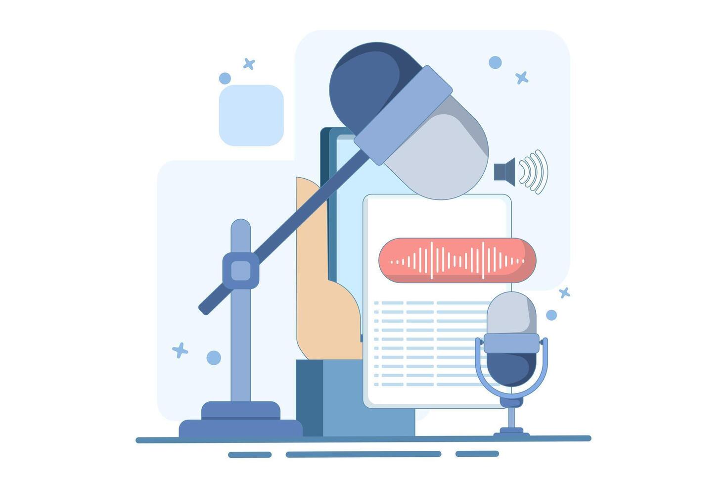 speech to text concept. Speech recognition, speech scanning, voice to text, speech recognition service. User recognizes voice and translates to text with speaker. Cartoon illustration. vector