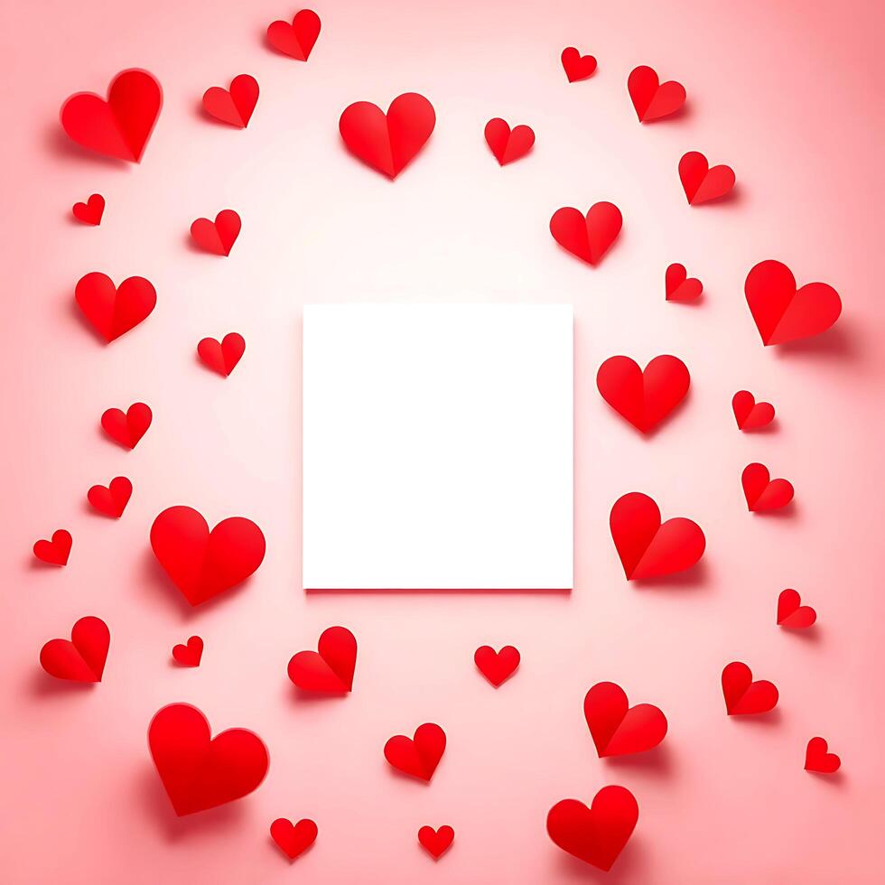 Deep Red Paper Hearts Arranged on White Background photo