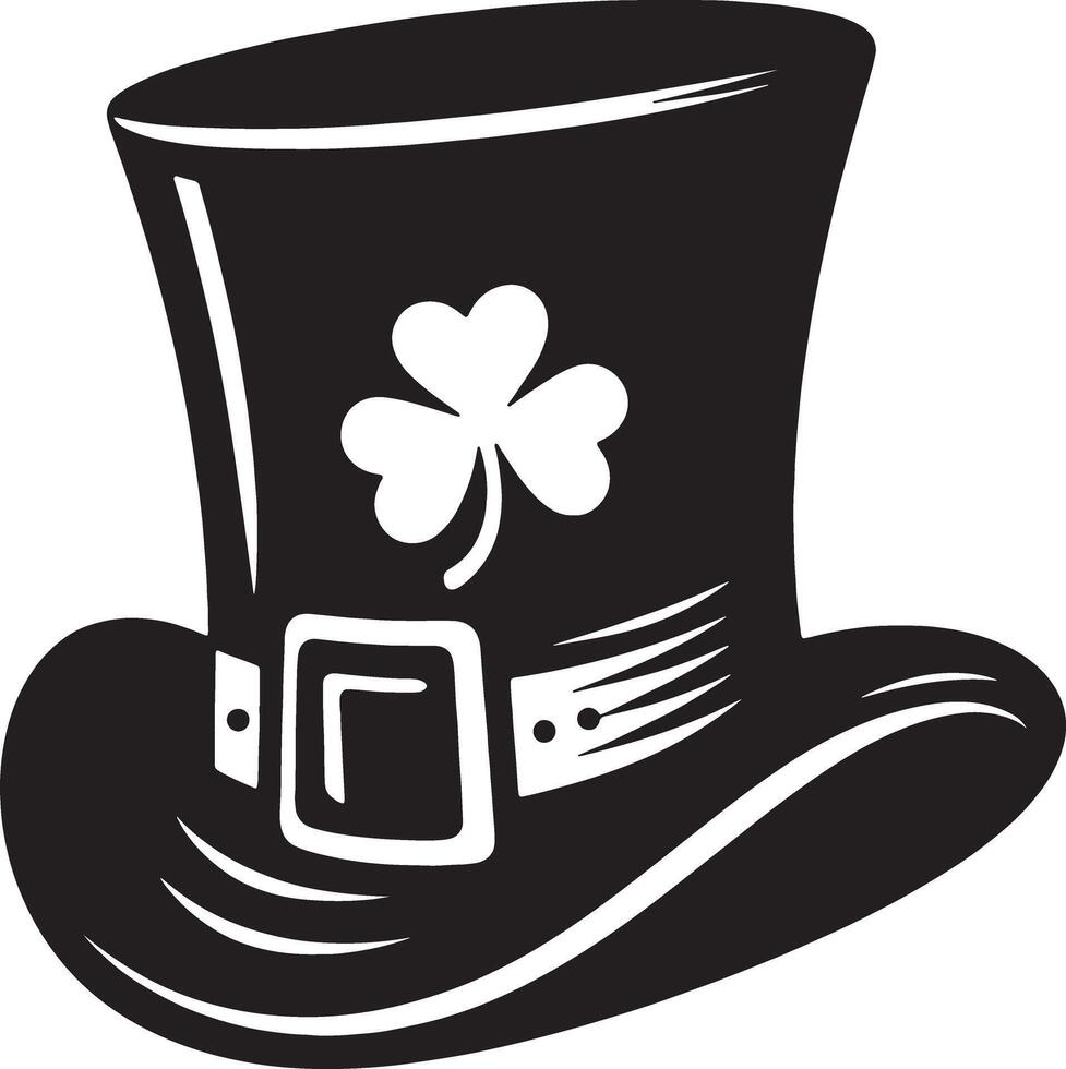 A black and white illustration of a top hat with a shamrock vector