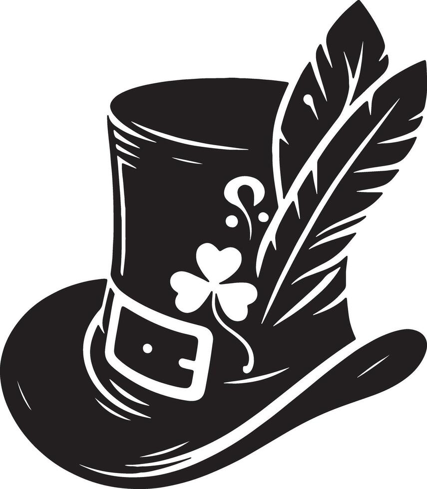 A black and white illustration of a top hat with a feather vector
