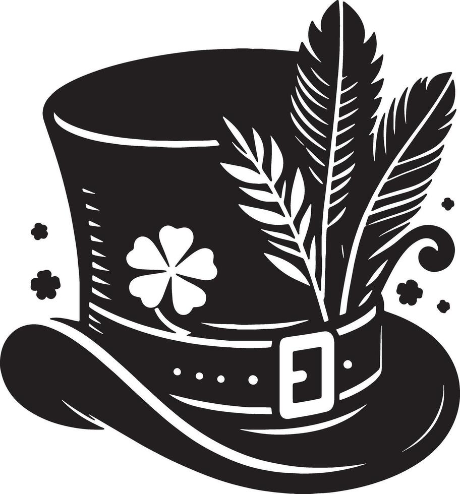 A black and white illustration of a hat with a feather and shamrock vector