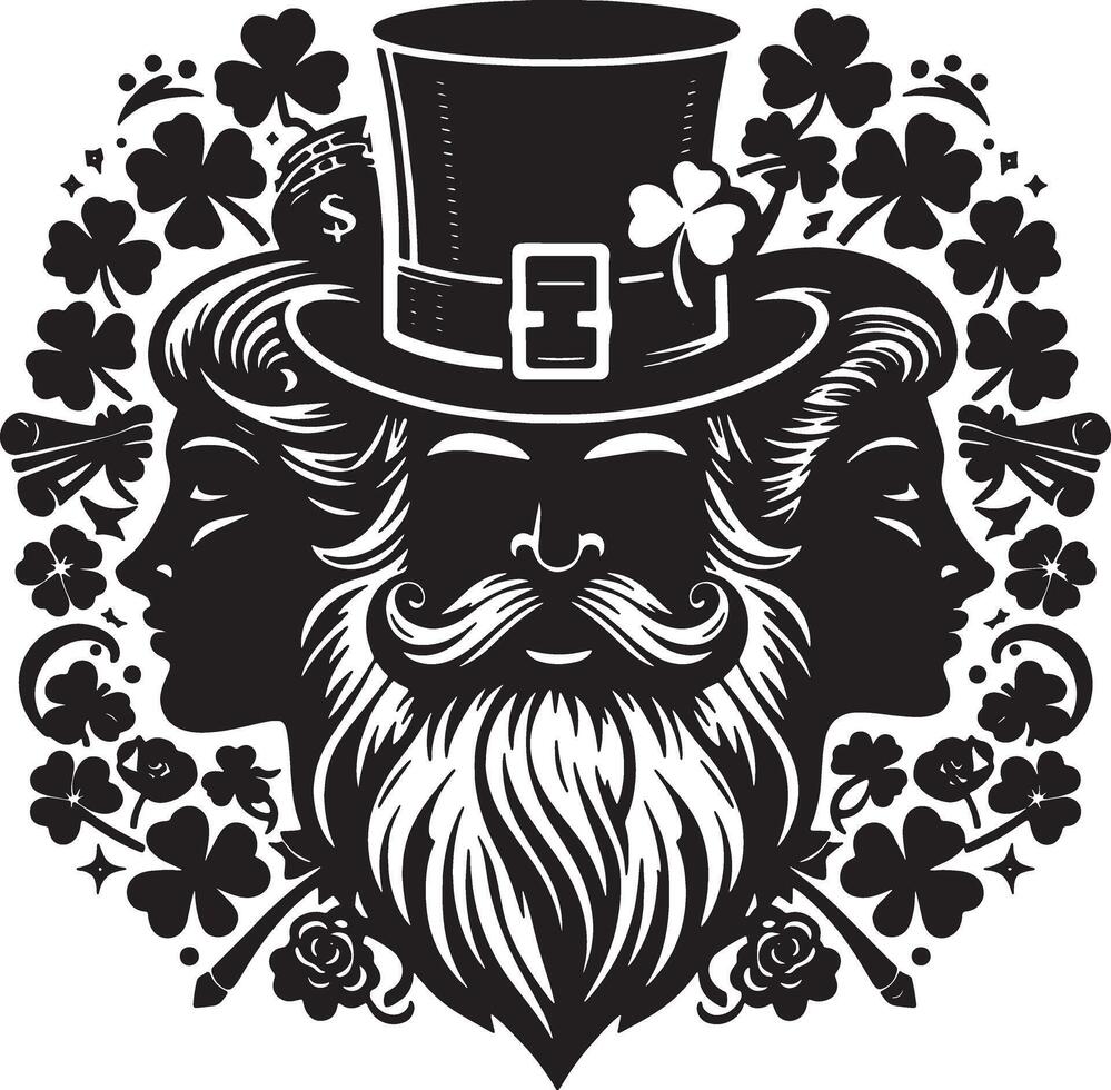 A black and white illustration of a man with a hat and beard vector